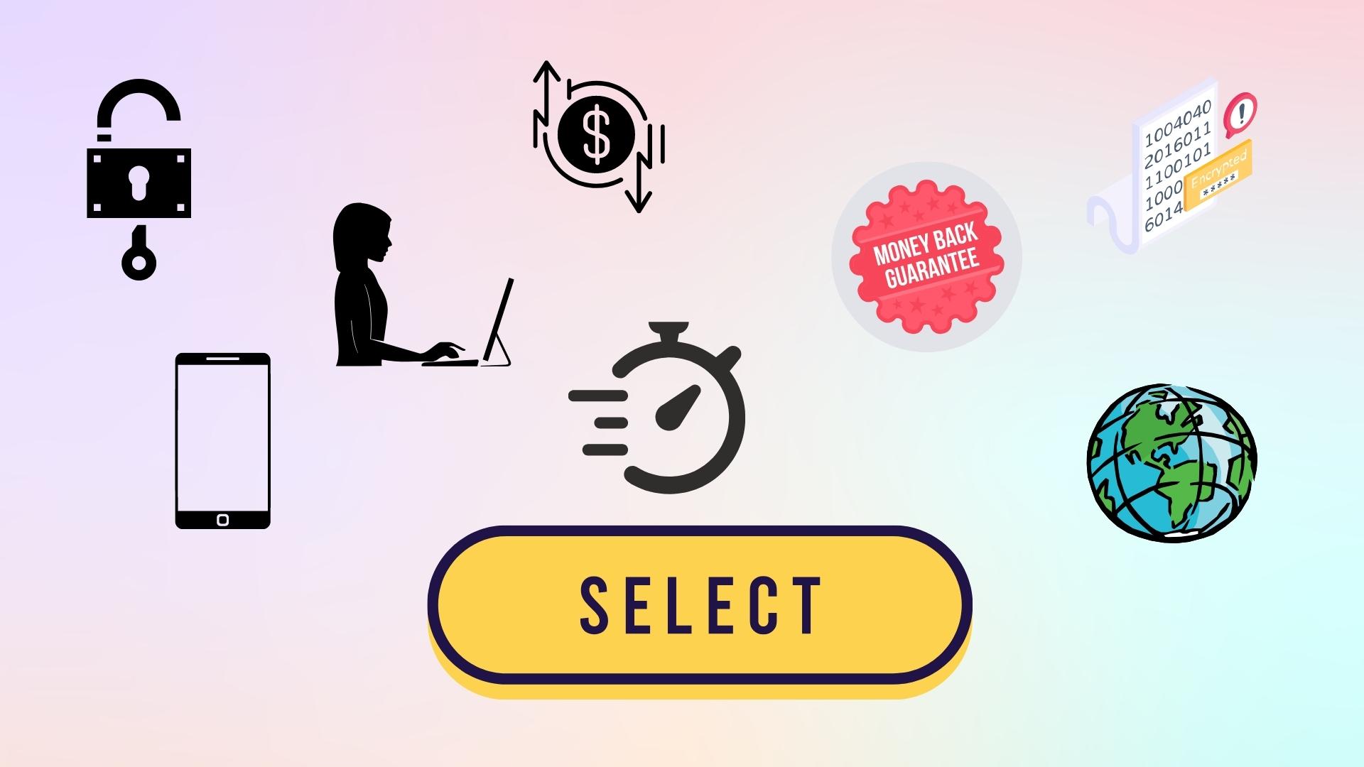 how we select and using vpn for binance - lock, mobile, girl working with pc, money back guarantee, speed, worldwide, price changing and encryption signs